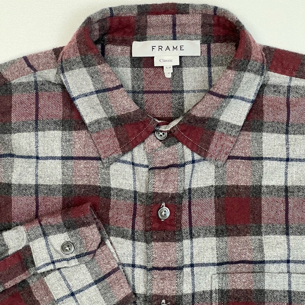 FRAME Long Sleeve Brushed Cotton Shirt Mens S Gray Maroon Plaid Ombre Flannel
